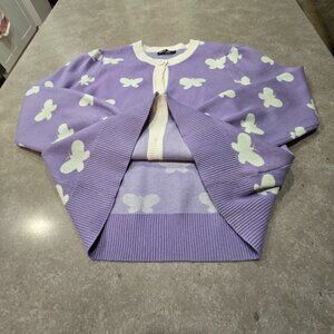SHEIN Women's Lilac White Butterfly Print Button Down L/S Cardigan - Size Small